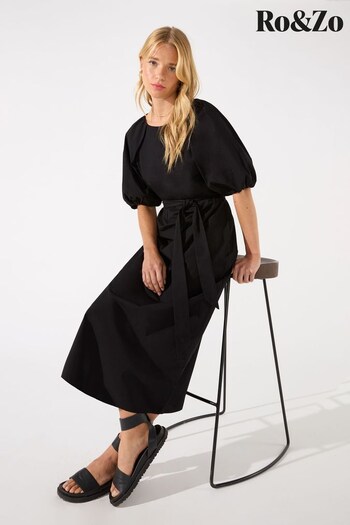 Ro&Zo Cotton Puff Sleeve Midi Black Dress (N35902) | £89