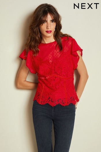 Red Lace Dobby Mix Short Sleeve Blouse (N36024) | £42