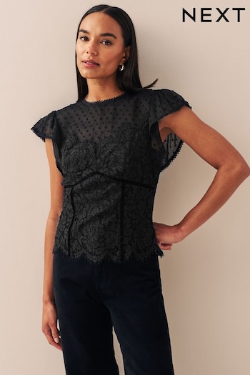 Black Lace Dobby Mix Short Sleeve Blouse (N36025) | £42