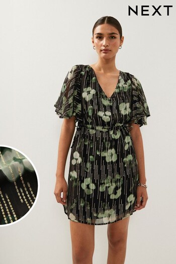 Black and Green Floral Flutter Sleeve Tie Waist Mini Dress (N36050) | £60