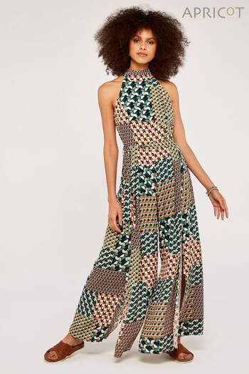 Apricot Green & Yellow Geometric Patchwork 70s Halter Jumpsuit (N36056) | £39
