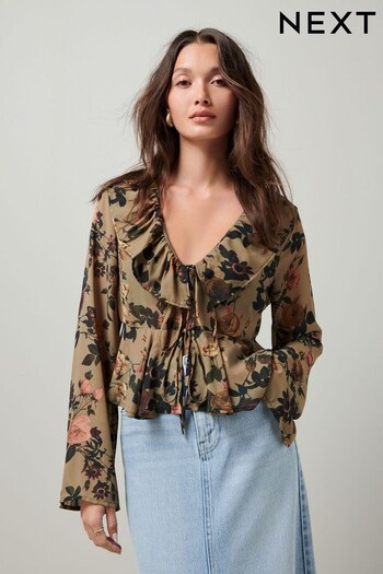 Khaki Green Floral Tie Front Ruffle Long Sleeve Blouse (N36145) | £33