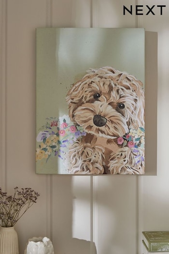 Sage Green Cockapoo Dog with Flowers Canvas Wall Art (N36297) | £22