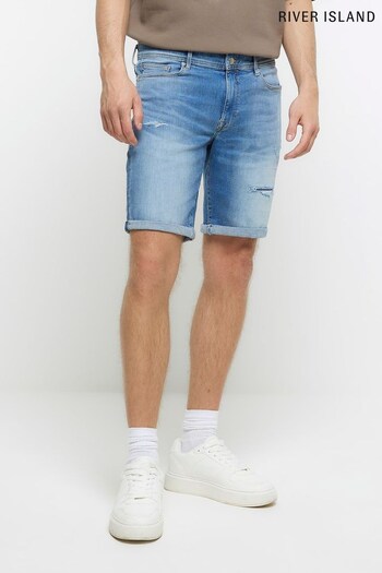 River Island Blue Skinny Rips Denim Shorts (N36419) | £37