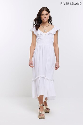 River Island White Bardot Frill Midaxi Dress (N36421) | £43