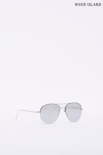 River Island Silver Mirror Lens Rimless Aviator Sunglasses Injection (N36426) | £17