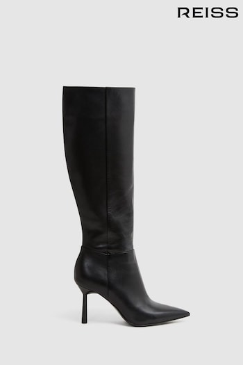 Reiss Black Gracyn Leather Knee High Heeled Boots Waterproof (N36446) | £138