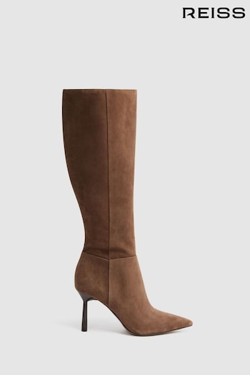 Reiss Tan Gracyn Leather Knee High Heeled Boots stone (N36447) | £358