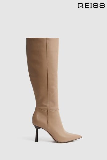 Reiss Camel Gracyn Leather Knee High Heeled neutri Boots (N36448) | £358