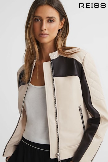 Reiss Black/Neutral Adelaide Leather Collarless Quilted Jacket (N36460) | £398