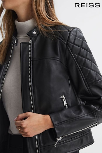 Reiss Black Adelaide Leather Collarless Quilted Jacket (N36461) | £398