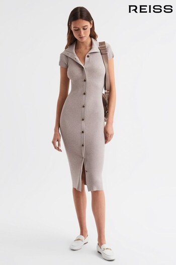 Reiss Neutral Megan Petite Knitted Ribbed Midi Dress (N36477) | £178