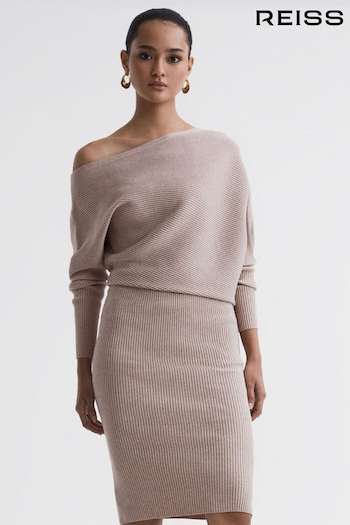 Reiss Neutral Lara Off-The-Shoulder Ribbed Midi Dress Tapered (N36480) | £168
