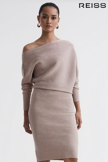 Reiss Neutral Lara Off-The-Shoulder Ribbed Midi Dress LQ171 (N36480) | £168