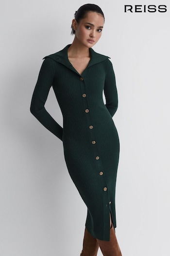 Reiss Green Maria Button Through Bodycon Midi Dress (N36487) | £188