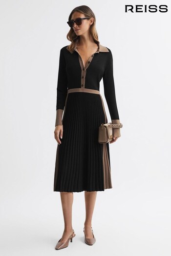 Reiss Black/Camel Mia Knitted Colourblock Pleated Midi Dress (N36488) | £238