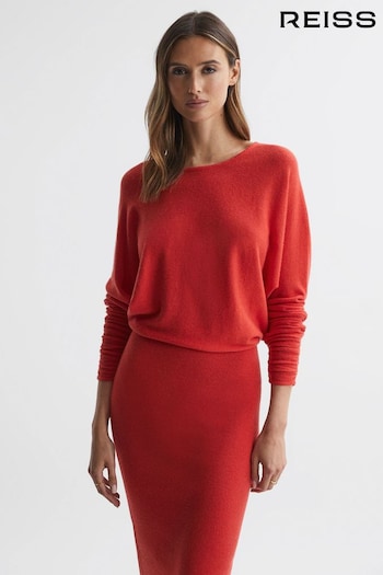 Reiss Red Leila Wool Blend Ruched Sleeve Midi Dress (N36492) | £68