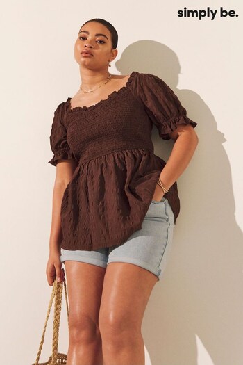 Simply Be Chocolate Brown Textured Blouse With Shirred Body (N36518) | £28