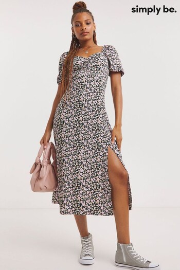 Simply Be Floral Ruched Front Waffle Black Dress (N36519) | £36