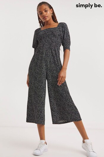 Simply Be Print Shirred Waffle Culotte Black Jumpsuit (N36520) | £36