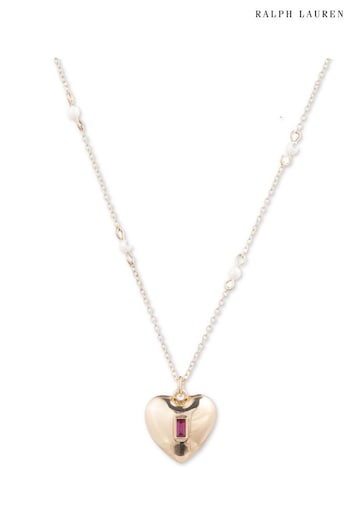 Lauren Ralph Lauren 16" Heart Pendant Necklace In Gold With Pink Stone Detailing (N36587) | £60
