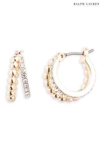 Lauren Ralph Lauren 16mm Bead Split Hoop Earrings in Gold With Crystal Detailing (N36588) | £40