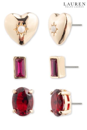 Lauren Ralph Lauren Heart Trio Earrings With Pink Stone in Gold (N36589) | £60