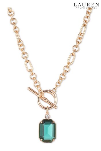 Lauren Ralph Lauren 16" Stone Pendant Necklace in Emerald Green and Gold (N36594) | £80