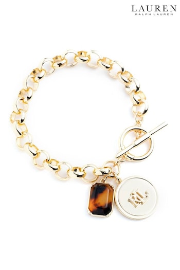 Lauren Ralph Lauren Gold Tone 7.25" Logo Charm Flex Bracelet in Tort (N36599) | £80