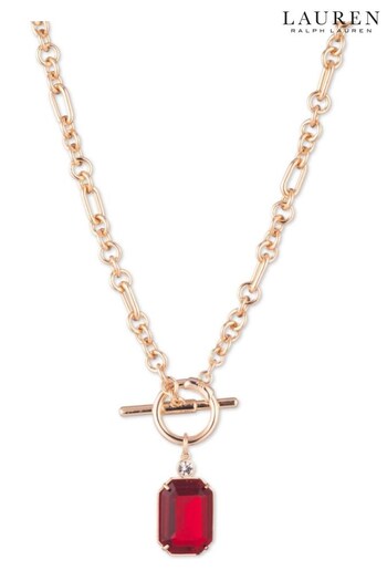 Lauren Ralph Lauren 16" Gold Tone Stone Pendant Necklace in Bright Cherry Red (N36602) | £80