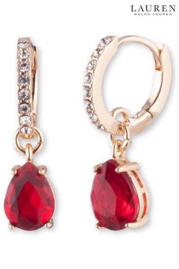 Lauren Ralph Lauren Gold Tone 12mm Hoop Earrings With Drop Stone in Bright Cherry Red and Crystal Detailing (N36603) | £40
