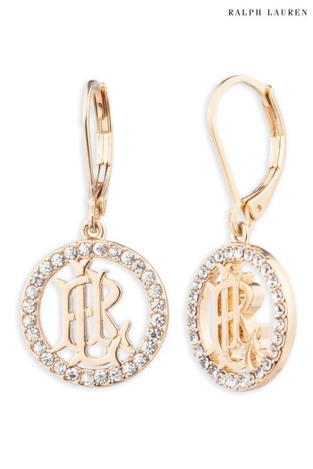 Lauren Ralph Lauren Gold Tone Pave Logo Drop Earrings With Crystal Detailing (N36611) | £45