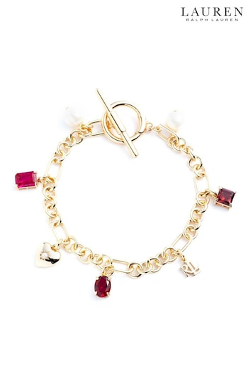 Lauren Ralph Lauren Gold Tone 7.25" Charm Toggle Flex Bracelet With Pink Stones Detailing (N36612) | £70