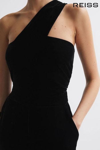 Reiss Black Winter Petite Velvet One-Shoulder Jumpsuit (N36939) | £178
