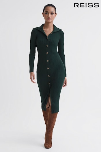 Reiss Green Maria Petite Button Through Bodycon Midi Dress Orkney (N36941) | £188