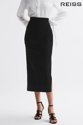 Reiss Black Leona Velvet Ruched Midi Skirt (N36943) | £128