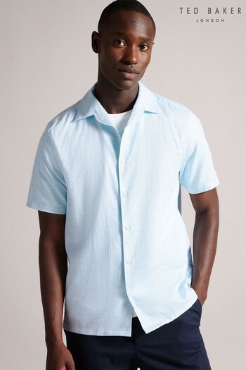 Ted Baker Seamus Blue Short Sleeve Semi Plain Linen Shirt (N37031) | £45
