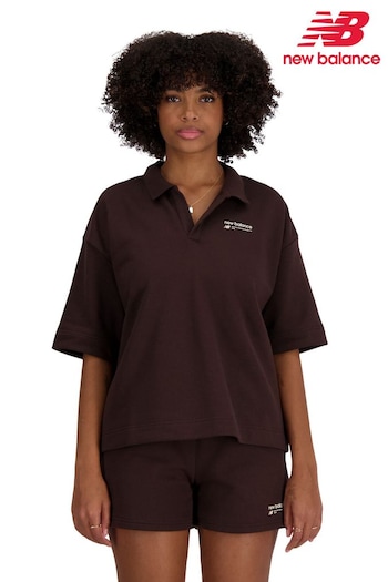New Balance Brown Linear Heritage French Terry Polo Shirt (N37078) | £40