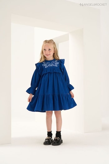 Angel & Rocket Cobalt Blue Theodora Cord Frill Collar Embroidered Dress (N37157) | £30 - £34