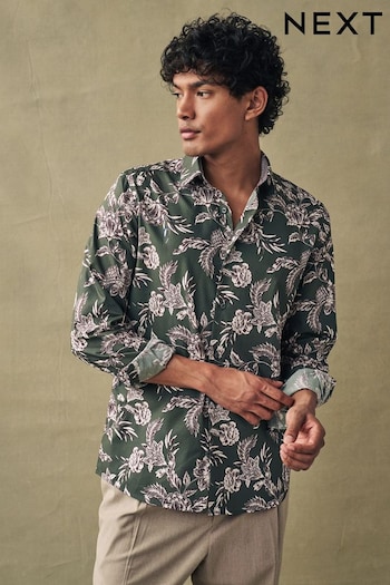 Olive Green/Neutral Brown Floral Slim Fit Printed Trimmed Shirt (N37265) | £36