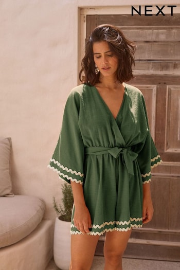 Khaki Green Wrap Rik Rak Belted Playsuit (N37385) | £34