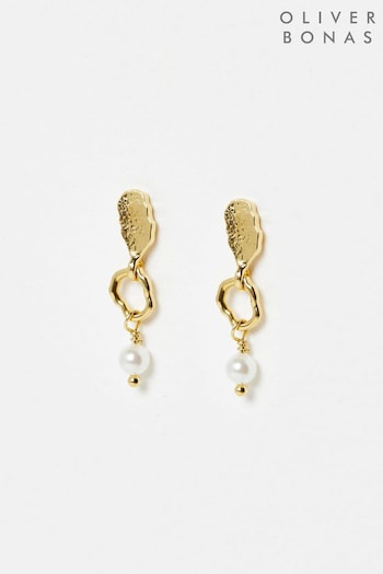 Oliver Bonas Gold Tone Aadi Molten Forms Pearl Drop Earrings (N37497) | £38