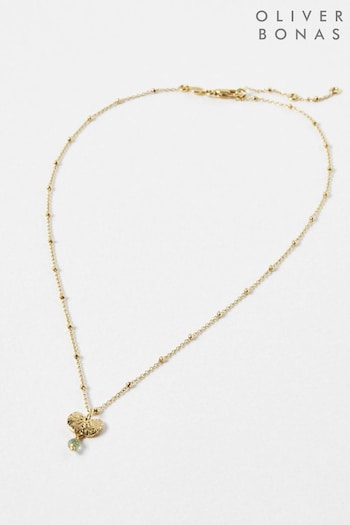 Oliver Bonas Usha Green Aventurine Textured Gold Plated Pendant Necklace (N37503) | £55