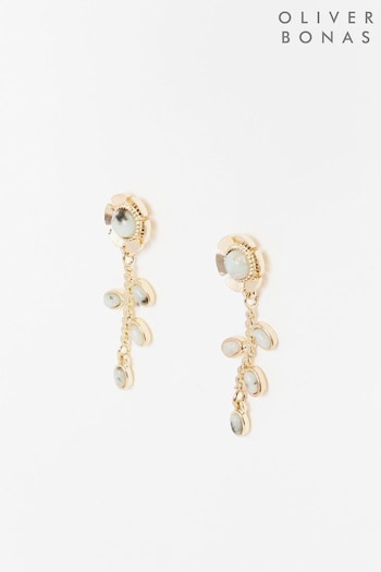 Oliver Bonas Green Ayla Stone & Chain Flower Drop Earrings (N37511) | £18
