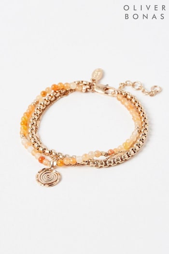 Oliver Bonas Orange Eden Yellow Jade Triple Row Textured Disc Chain Bracelet (N37535) | £26