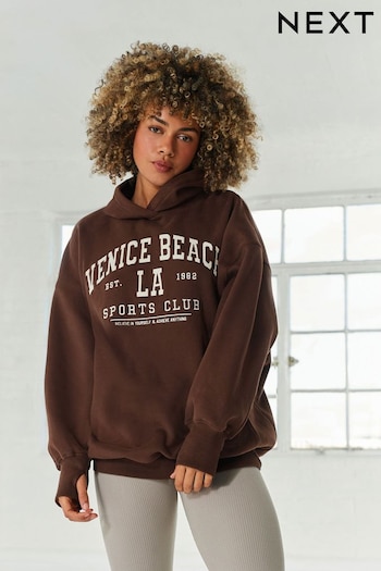 Chocolate Brown LA Graphic Oversized Relaxed Fit Active Longline Overhead Hoodie (N37555) | £36
