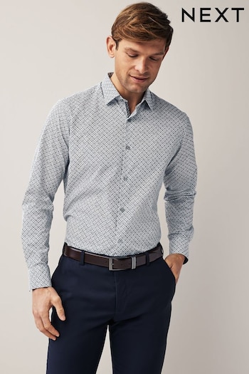 White/Navy Blue Geometric Regular Fit Easy Iron Button Down Oxford Shirt (N37588) | £24