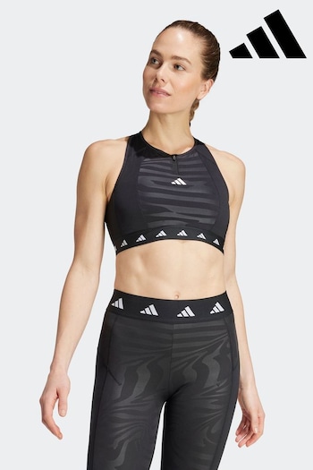 adidas stripes Black Techfit Medium Support High-Neck Zip Bra (N37681) | £38