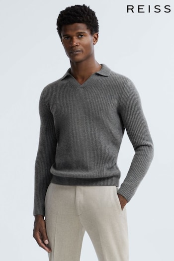 Reiss Charcoal Melange Laird Atelier Cashmere Ribbed Open-Collar Top (N37696) | £248