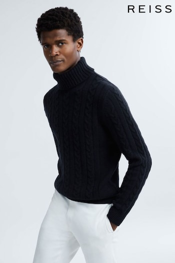 Reiss Navy James Atelier Cashmere Cable Knit Funnel Neck Jumper (N37735) | £348